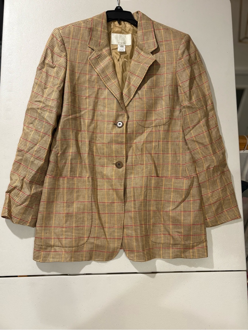 Checked Tan Plaid Blazer with Red Accent - Women's Suit Jacket
